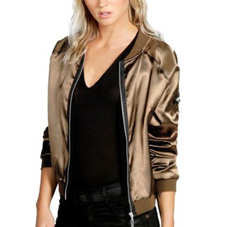 Áo Khoác Bóng Chày Bomber Vải Satin Dài Tay Cho Nữ