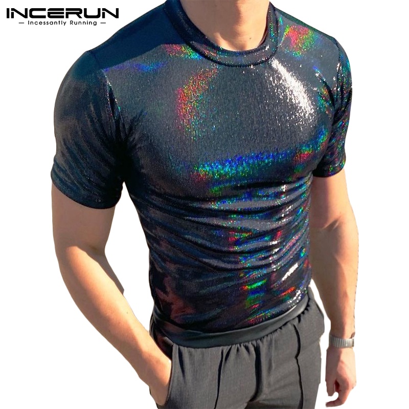 Áo thun INCERUN ngắn tay họa tiết phản quang nhiều màu thời trang mùa hè cho nam