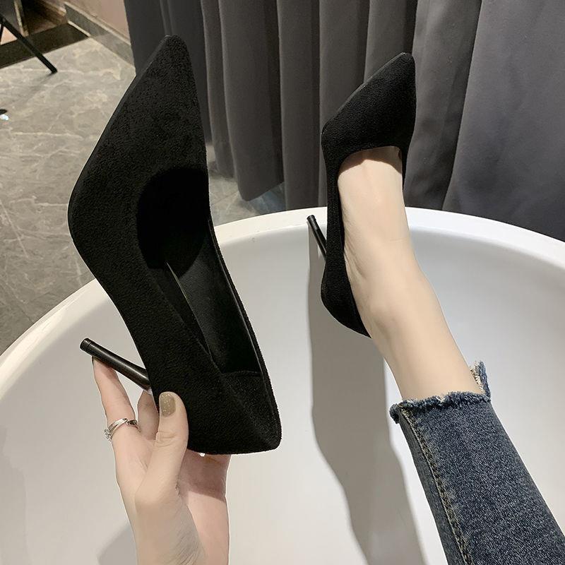 Giày cao gót 5cm bằng da lộn màu đen mũi nhọn phong cách công sở 2021 sành điệu cho nữ