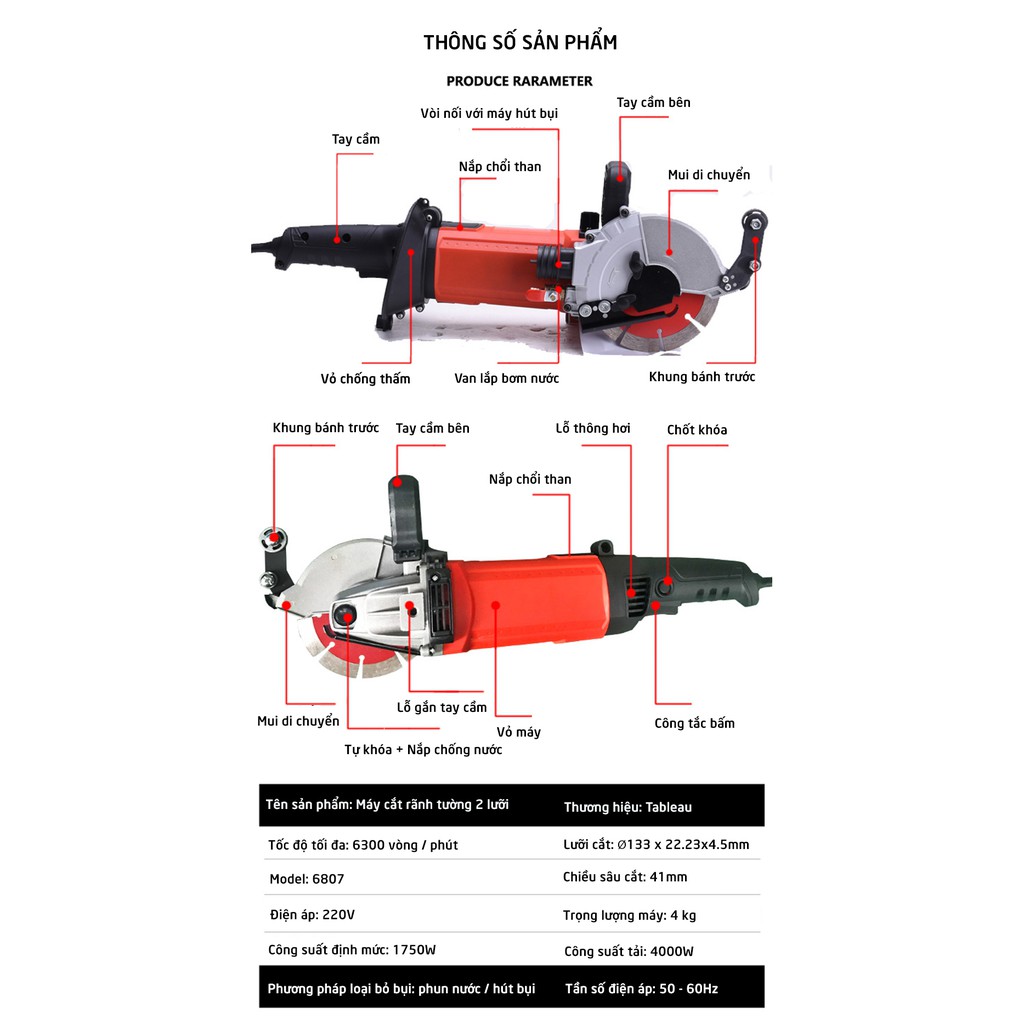 Máy cắt rãnh tường 2 lưỡi Tableau 6807 Máy cắt không bụi, công suất mạnh mẽ - Tặng kèm bơm nước mini