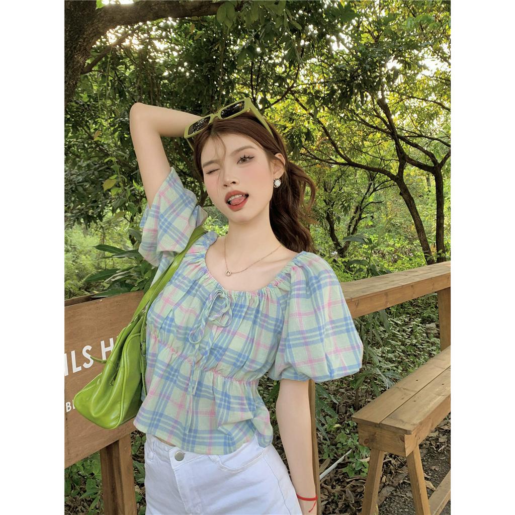 Áo Kiểu Cổ Vuông Tay Phồng Họa Tiết Sọc Caro Phong Cách Hàn Quốc Thời Trang Cho Nữ