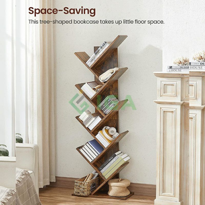 Kệ sách để sàn hình cây 9 tầng, kệ đa năng thông minh phù hợp bàn làm việc phòng khách gỗ cháy - GP03.08