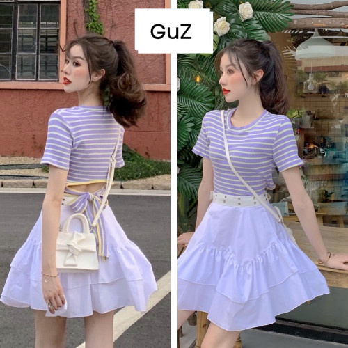 Set chân váy trắng ngắn xòe 2 tầng ulzzang phối áo thun tay ngắn croptop kẻ ngang màu tím xinh xắn GuZ
