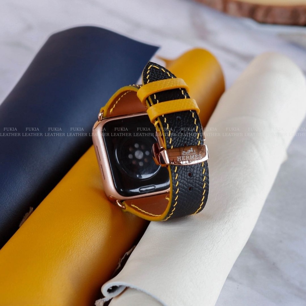 Dây da thủ công Epsom Đen Mix Vàng dành cho Apple Watch, đồng hồ thông minh, đồng hồ cơ