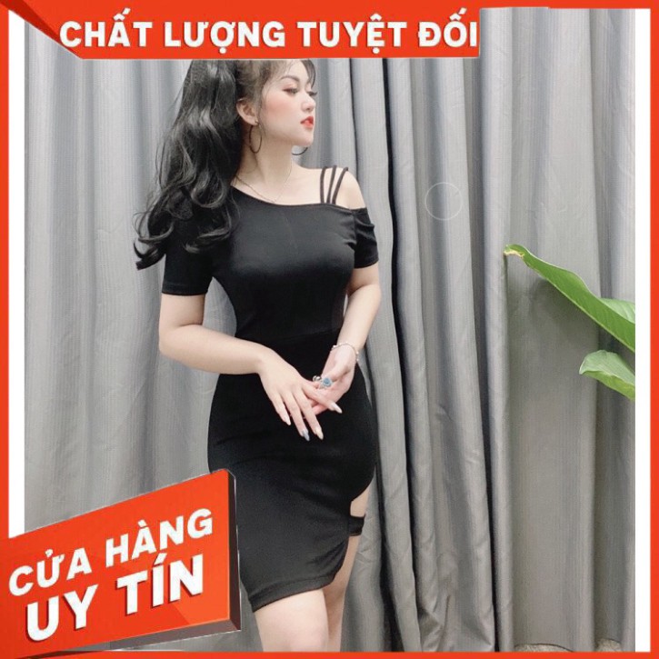 🎁 FREE SHIP 🎁 Đầm tay lỡ xẻ đùi kiểu cổ thuyền lệch, xẻ tà, màu đen - DN99579 ✔️hienphamstore✔️