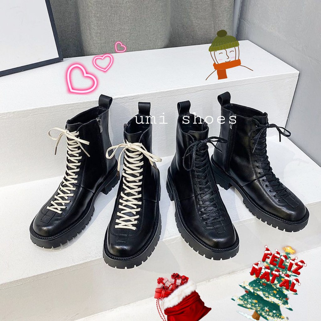 [TẶNG DÂY] Boots ulzzang nữ cao cổ 2 dây đen/trắng đế cao hot mới đẹp đơn giản ôm chân xinh đi chơi tết noel buộc dây