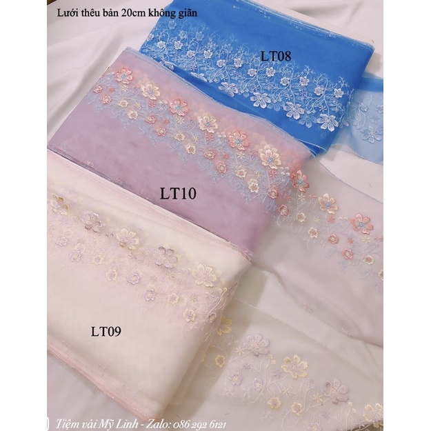 Vải ren lưới thêu hoa 3 màu thêu hoa sắc nét bản 20cm giá 1m