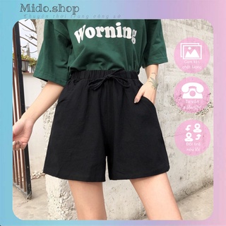 Quần short đũi cạp chun, lưng cao, ống rộng, chất đũi xước