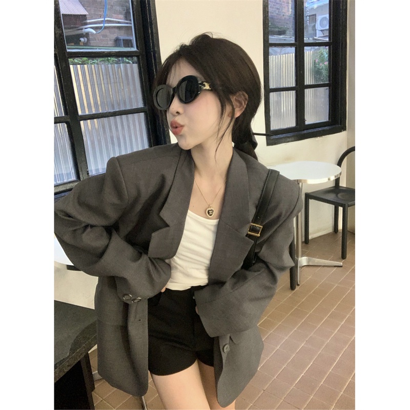 「MOTEL7」 Cao Cấp Cảm Giác ~ Áo Blazer Xám Dáng Rộng Thiết Kế Đơn Giản Thời Trang Mùa Thu Phong Cách Niche Mới Cho Nữ