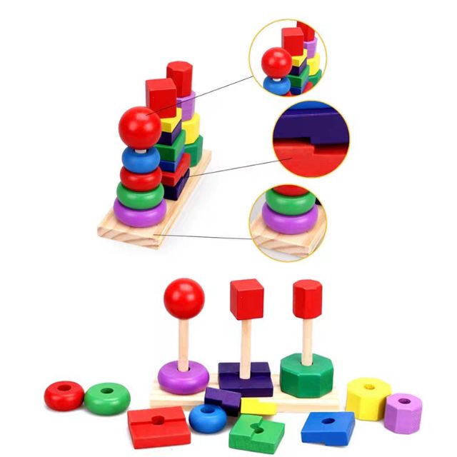 Đồ chơi 3 tháp xếp chồng trên thanh ngang - Montessori