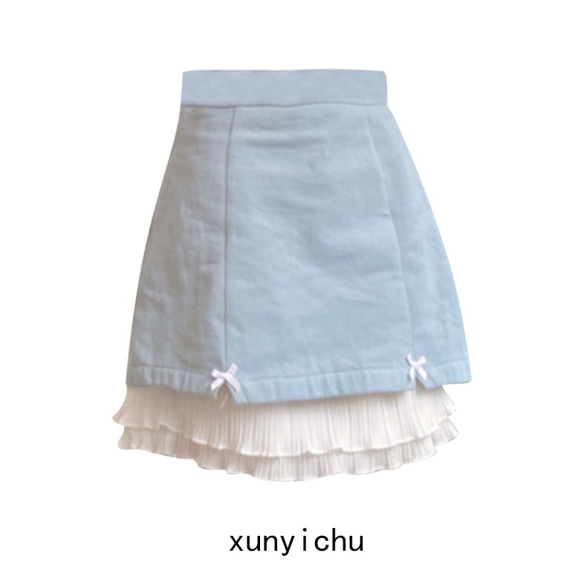 chân váy chữ A xếp ly lưng cao đính nơ phong cách nữ