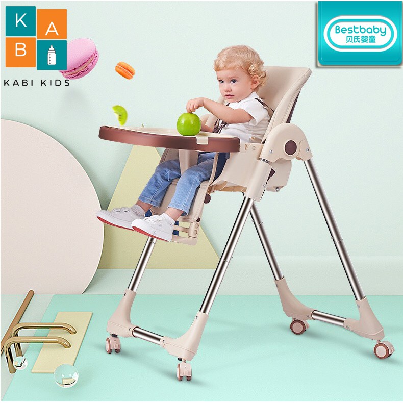 Ghế ăn dặm cao cấp BestBaby có bánh xe 360đ bằng da, nâng hạ độ cao, Nằm Ngả Có Thể Gấp Gọn cho trẻ từ 6 tháng - 6 tuổi