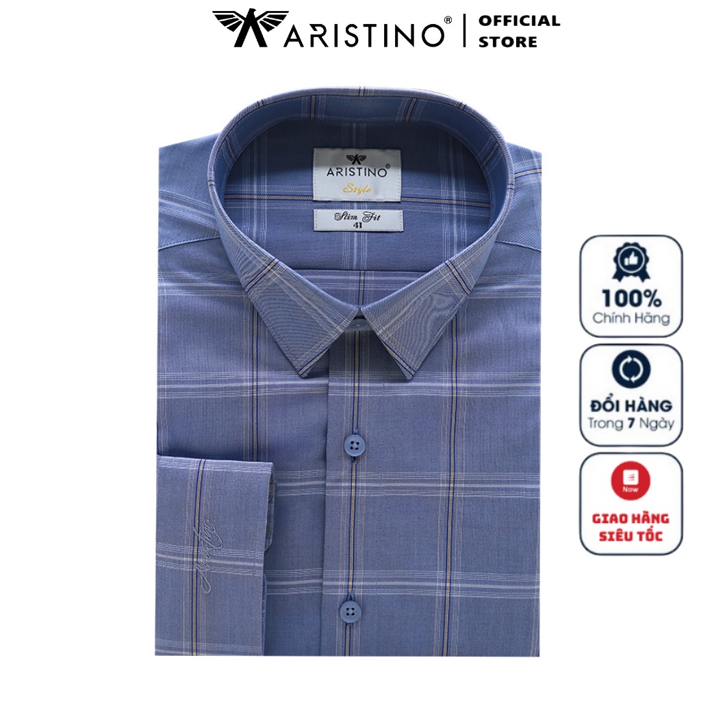 Áo Sơ Mi Nam Dài Tay ARISTINO ALS41302 Somi Công Sở Cao Cấp màu navy kẻ trắng vải sợi sồi dáng suông tà lượn có túi