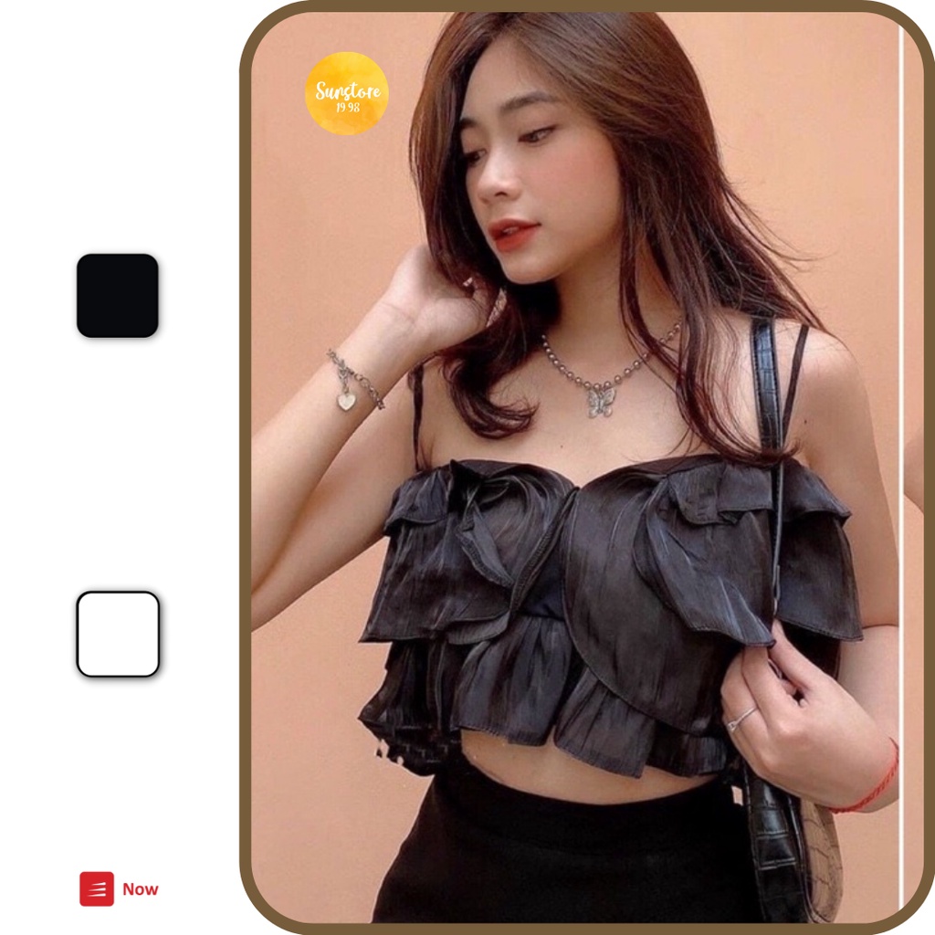 Áo croptop kiểu hai dây phần thân xếp bèo dây điều chỉnh 2 màu đen và trằn SAKURA TOP