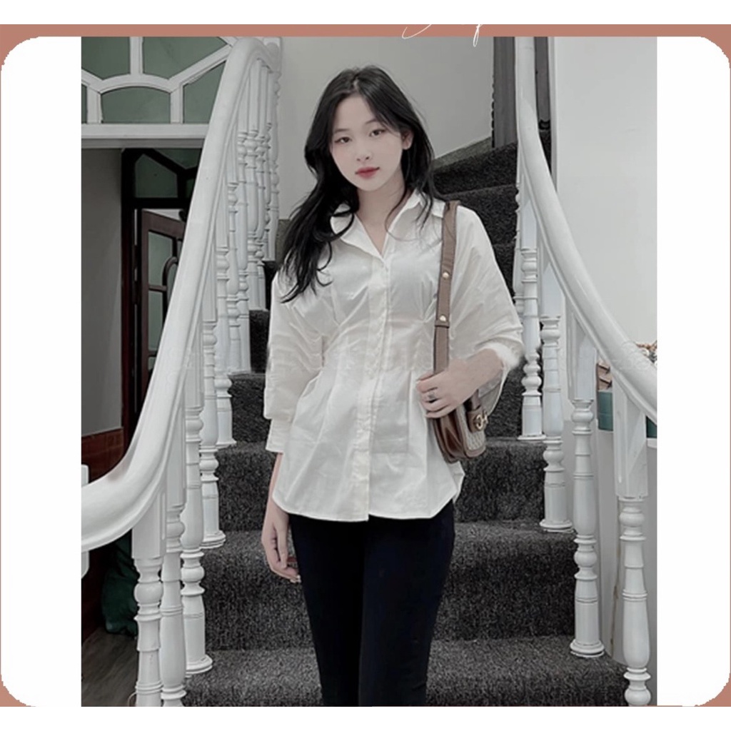 Áo sơ mi công sở chiết eo nữ tay lỡ bồng tôn dáng siêu sang, Áo sơ mi tay phồng tiểu thư bo chun