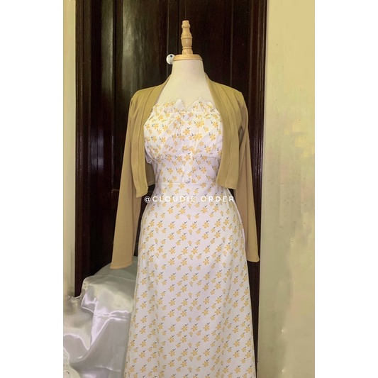 Set Đầm Hai Dây Hoa Nhí Kèm Áo Khoác Cardigan Len Tăm Nhún Ngực Chun Lưng Xanh Bơ Và Vàng Pastel