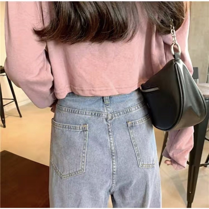 [SẴN] Quần jeans denim dài cạp cao, ống suông, có nút gài eo quần bò thần thánh kéo dài chân