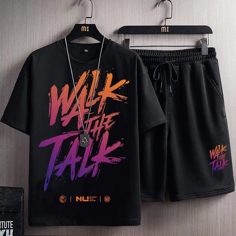 Bộ Đồ Thể Thao 2 Món Áo Thun Tay Ngắn Dáng Rộng In Chữ M-8XL Kiểu Hàn Quốc Thời Trang Mùa Hè Cho Nam