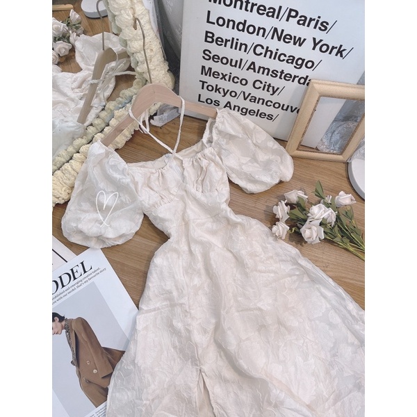 ĐẦM HOA NỔI TAY BỒNG CHÉO DÂY CỘT CỔ MIDI KEM