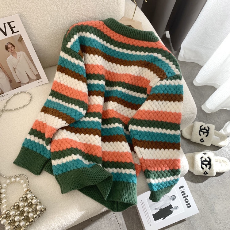 Áo Sweater Dệt Kim Dáng Lửng Họa Tiết Kẻ Sọc Màu Tương Phản Thời Trang Thu Đông Cho Nữ