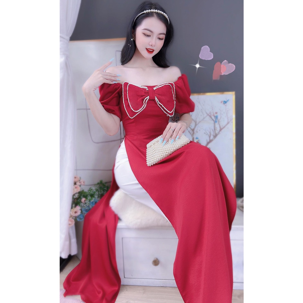 Áo dài cách tân nữ kiểu nơ to cổ vuông quý phái CHUU AD8071 - không kèm quần