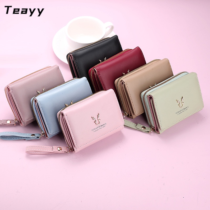 Ví Da PU Ngắn 2 Trong 1 Đựng Tiền / Thẻ Có Khóa Kéo Cho Nữ Giá Đỡ