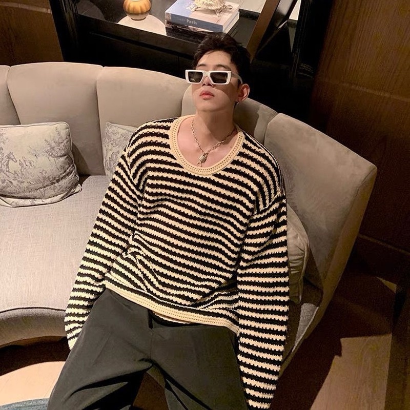 Áo Sweater Dệt Kim Cổ Tròn Họa Tiết Kẻ Sọc Màu Sắc Tương Phản Thời Trang Mùa Thu 2022 Cho Nam