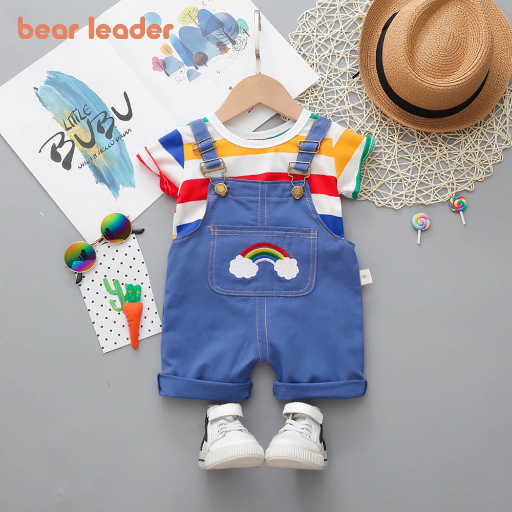 Set đồ BEAR LEADER gồm áo thun kẻ sọc phối quần yếm denim thời trang mùa hè xinh xắn cho bé sơ sinh