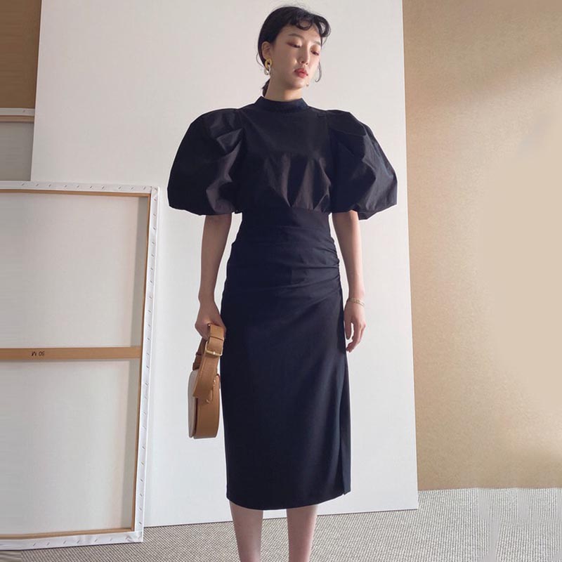 Set Áo Cổ Đứng Tay Phồng + Chân Váy Lưng Cao Xẻ Tà Phong Cách Hàn Quốc Cho Nữ