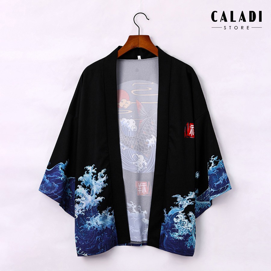 Áo khoác cardigan Kimono Haori đi biển hoạ tiết cá chép Koi xanh