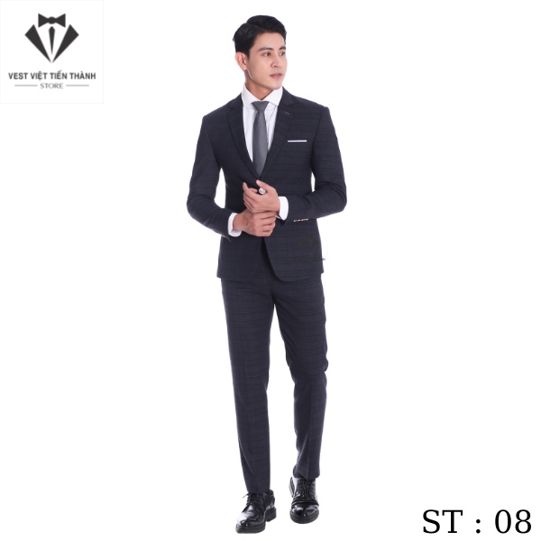 Bộ vest đen kẻ caro vải cashmere cao cấp vest việt tiến thành