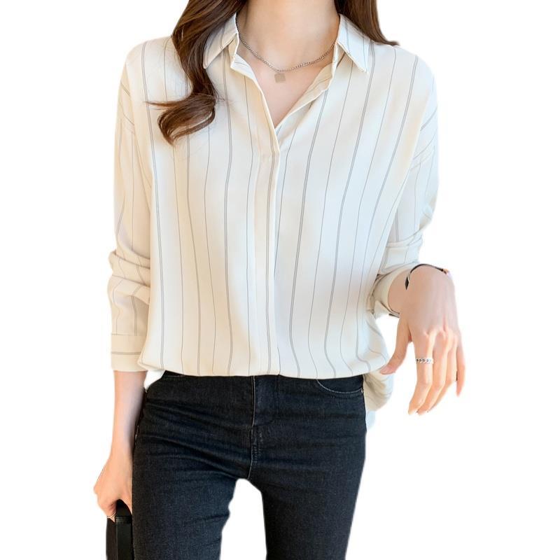 Áo Sơ Mi Chiffon Tay Dài Dáng Rộng Hoạ Tiết Kẻ Sọc Thời Trang Xuân Thu Dành Cho Nữ