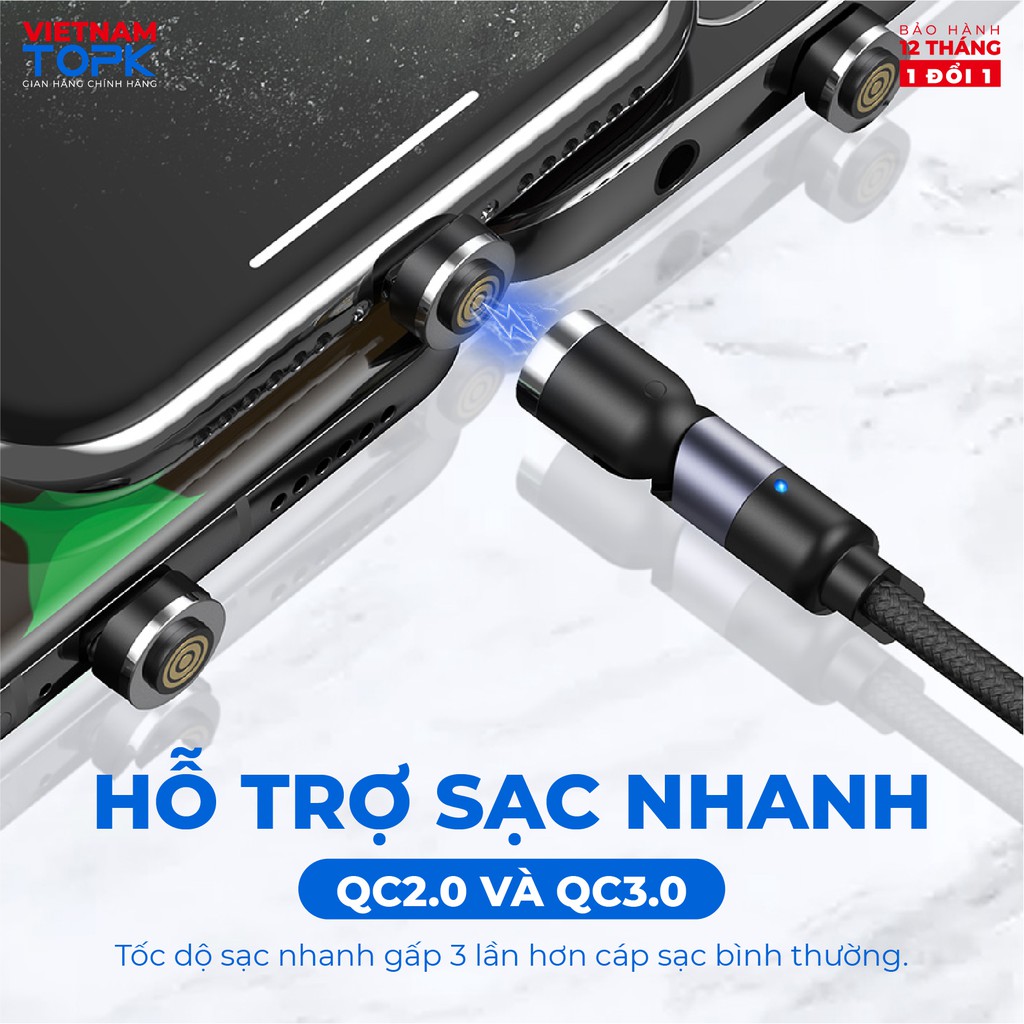 Dây sạc nam châm 3 đầu TOPK AM66 - Sạc nhanh QC 3.0 - Hàng bảo hành 12 tháng