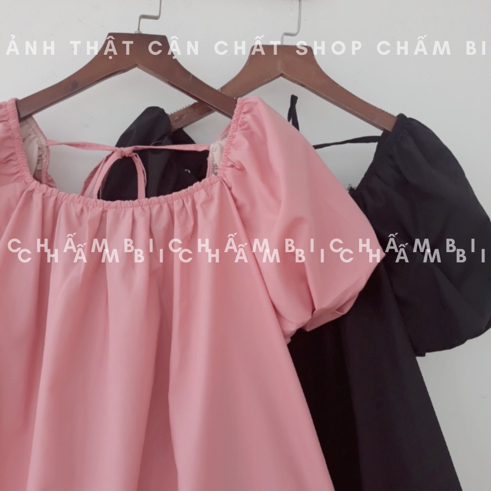 Váy kiểu Hàn Quốc V.083, Váy babydoll dáng ngắn cổ vuông tay bồng buộc nơ lưng hai màu đen hồng | BigBuy360 - bigbuy360.vn