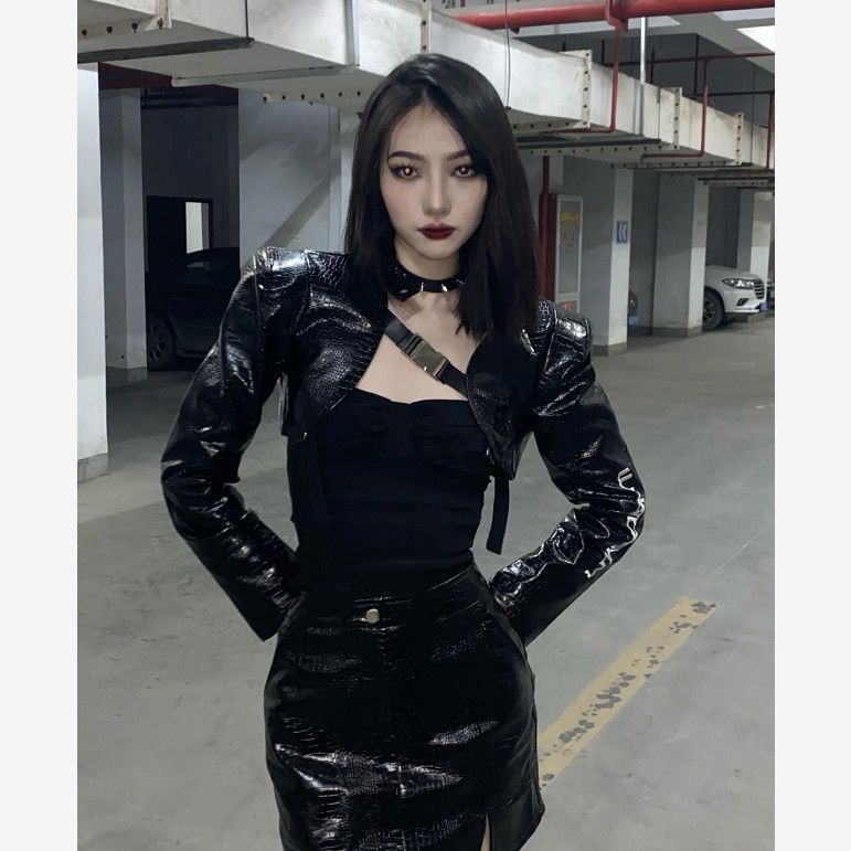 Set Áo Khoác Da Cá Sấu + Chân Váy Dài Lưng Cao Thời Trang Đường Phố Cho Nữ