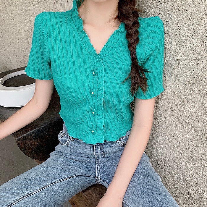 Áo cardigan ZHELIHANGFEI dệt kim viền xếp nếp tay ngắn cài nút kiểu hoa xinh xắn