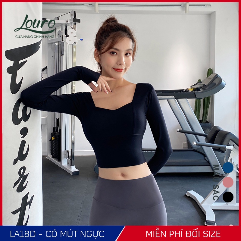 Áo tập gym yoga dài tay Louro LA18D, kiểu áo croptop body dài đan chéo, có sẵn mút ngực, chất liệu co giãn, thoáng mát