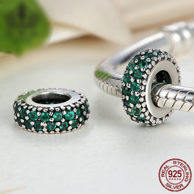charm pan dẹt spacer đính đá xanh lục bạc s925 cao cấp