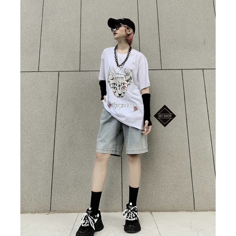 Áo phông hình mèo 4 mắt vải cotton thoáng mát form oversize