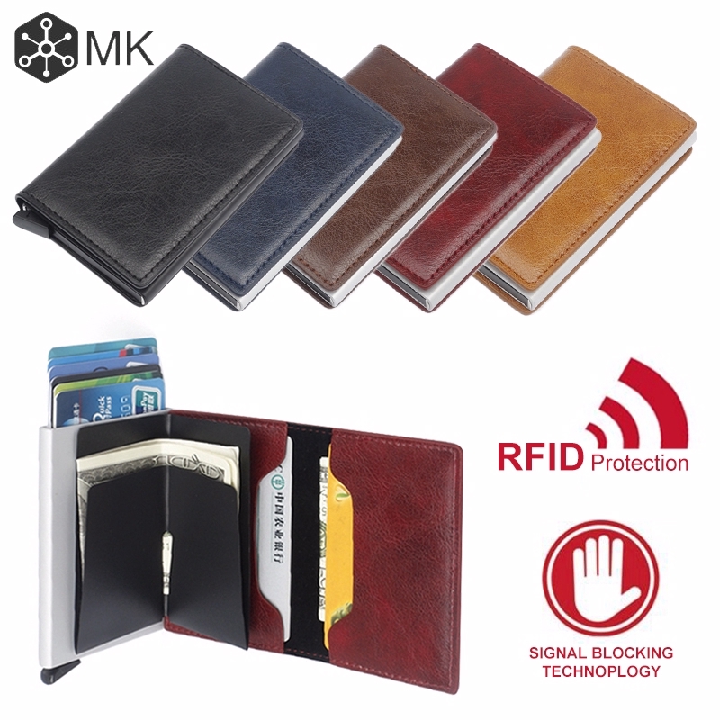 Ví da PU đựng thẻ RFID có khóa kim loại từ tính cho nam và nữ