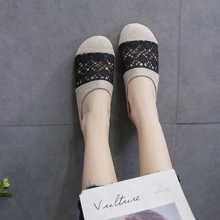 Giày Lười Vải Lanh Phối Ren Lỗ Thời Trang Mới Cho Nữ
