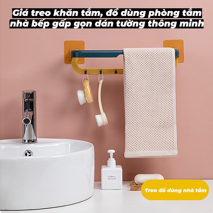 Giá treo khăn mặt, móc treo đồ dùng phòng tắm nhà bếp gấp gọn dán tường thông minh