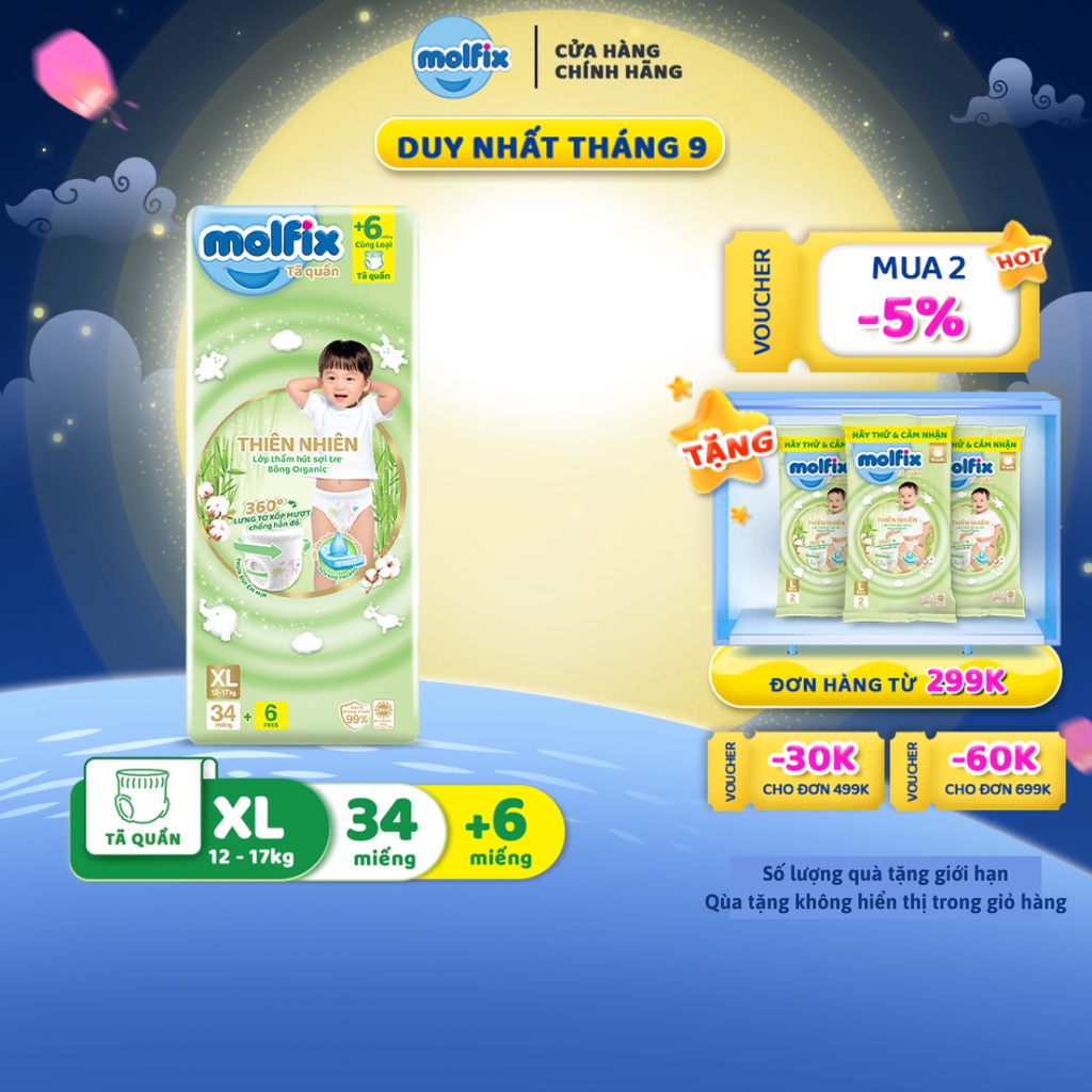 Tã/bỉm quần Molfix Thiên nhiên Jumbo XL (12kg 17kg) Gói 34+6 miếng