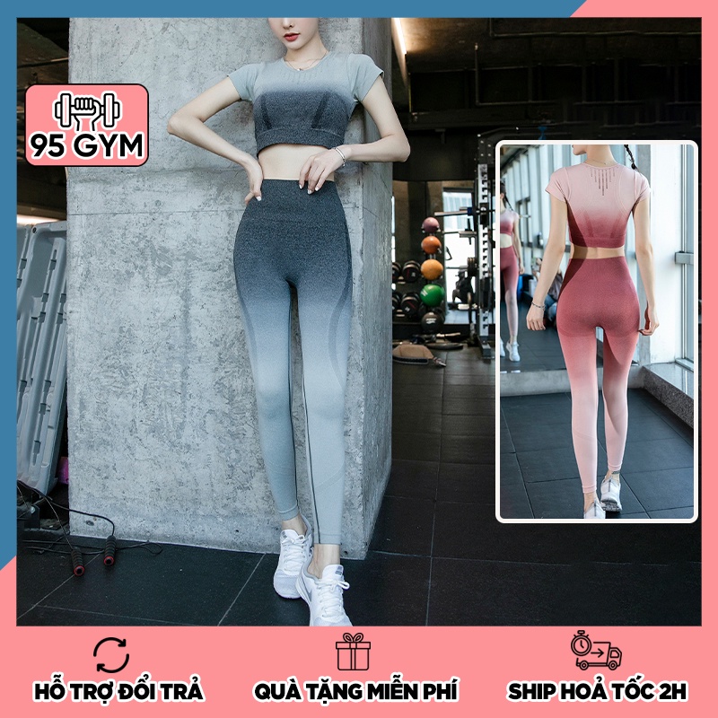 Set bộ đồ tập gym yoga nữ thể thao SET02 gồm áo croptop cộc tay và quần dài cạp cao tôn dáng chất dệt kim