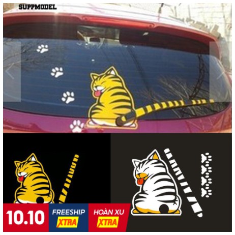 Decal hình con chú mèo màu vàng sticker tem miếng dán trang trí xe hơi ô tô kính chắn gió sau