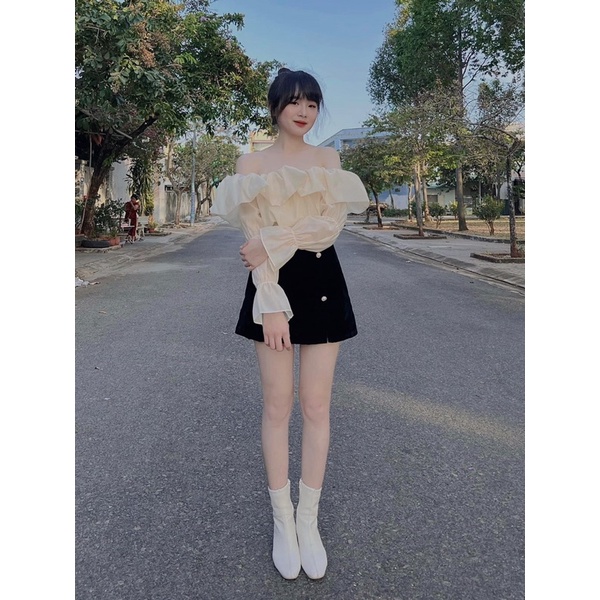 Áo bẹt vai bèo phồng voan tơ