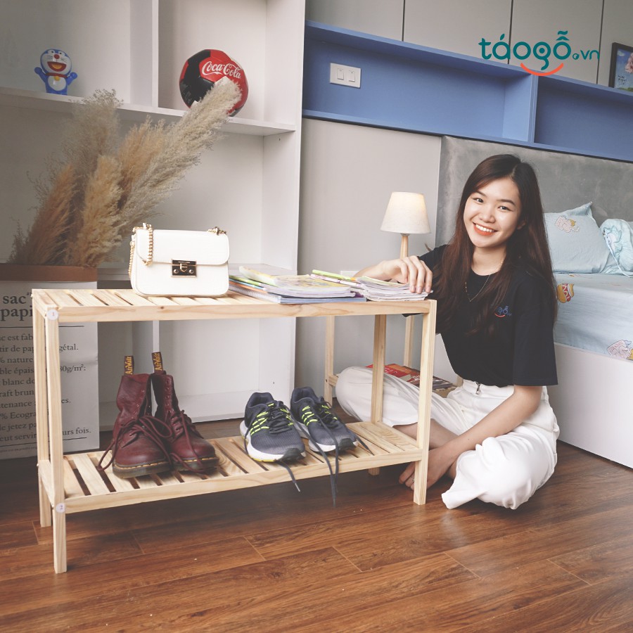 Kệ giày dép Táo gỗ Decor 2 tầng 2FM phong cách Hàn Quốc gỗ thông tự nhiên