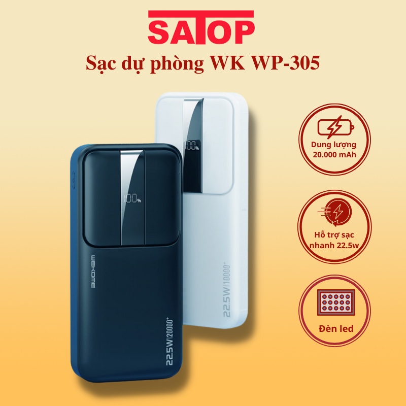 Sạc dự phòng 20000mah WP-303 tích hợp sạc nhanh PD 20W + Quickcharge 22.5W Pin dự phòng chính hãng 2 cổng tiện lợi SATOP