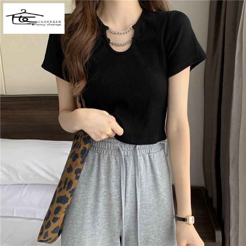 Đặc Biệt Offer ~ Áo Thun Ngắn Tay Phối Dây Xích Dáng Ôm Thời Trang Mùa Hè Dễ Phối Đồ