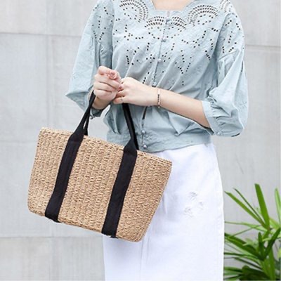 Túi cói TOTE xách tay - dây đeo màu đen - cỡ lớn (bigsize) - phong cách Vintage thanh lịch